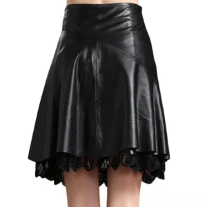 Back view of black PU leather high-waist mini skirt showcasing A-line silhouette and lace underlayer detail