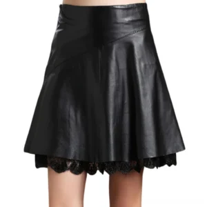 Black high-waist PU leather mini skirt with lace hem trim and diagonal seam panels, front view on model