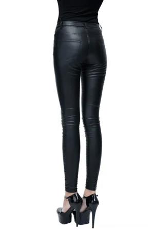 Rear view of black PU leather gothic pants with back pockets and tight-fitting tapered ankle detail