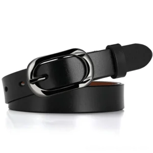 Black genuine leather gothic pin buckle belt with silver metal hardware, flat lay view
