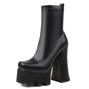 Black genuine leather gothic platform boots with chunky square heel and serrated sole, front three-quarter view