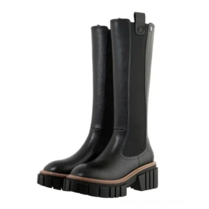 Black genuine leather gothic platform knee-high boots with square heel and chunky lug sole, front three-quarter view