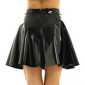 Black patent leather high waist mini skirt back view, functional back zipper closure and pleated hem detail