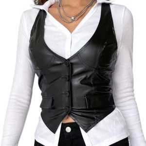 Black PU leather cropped waistcoat with deep V neckline, right angle three-quarter styling