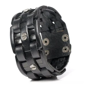 Black leather hand-woven gothic wrap bracelet with metal hardware, displayed from left side showing layered geometric weave design and screw fasteners