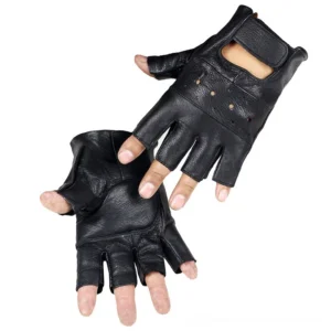 Black genuine leather half-finger gothic gloves with velcro wrist strap, front overhead view showing ventilated perforations and fingerless design