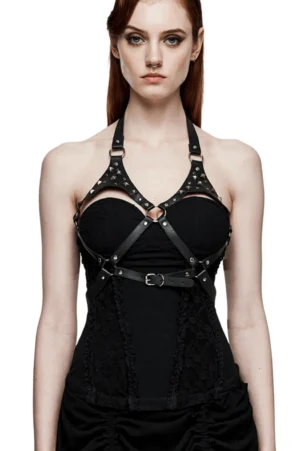Black studded PU leather halter harness front view on red-haired model in gothic outfit