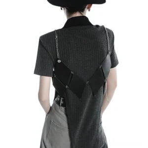 Black chain harness worn over ribbed short-sleeve tee, rear view demonstrating back coverage and chain strap design