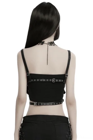 Gothic punk harness crop top back view showing adjustable buckle straps and waist belt system