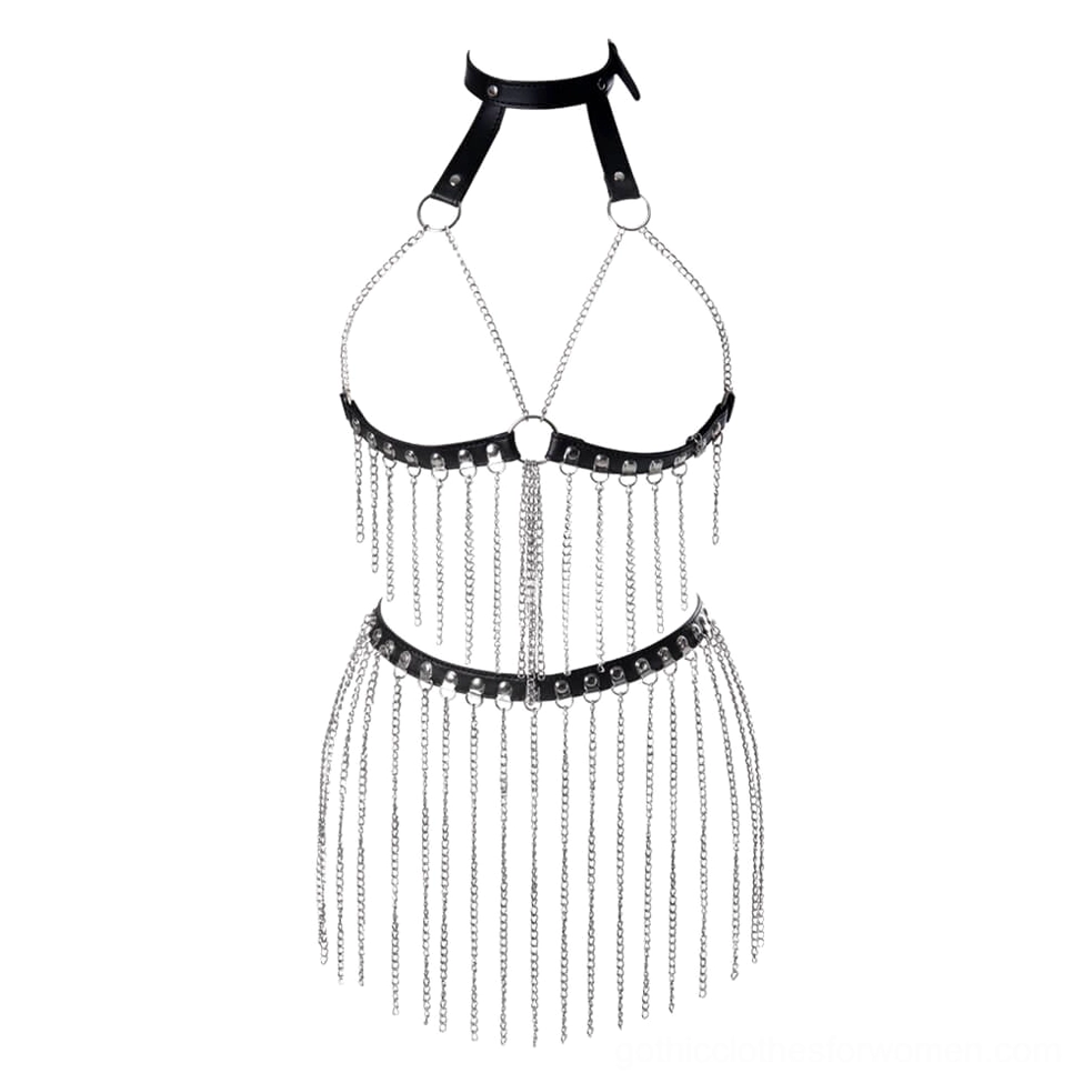 Flat lay overhead view of black synthetic leather body harness with halter strap and silver hanging chains