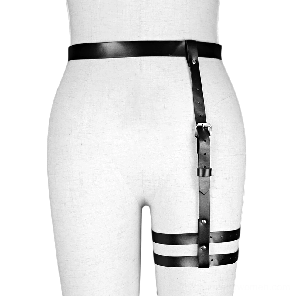 PU leather thigh harness front view on mannequin, showing waist-to-thigh connecting straps and metal hardware details