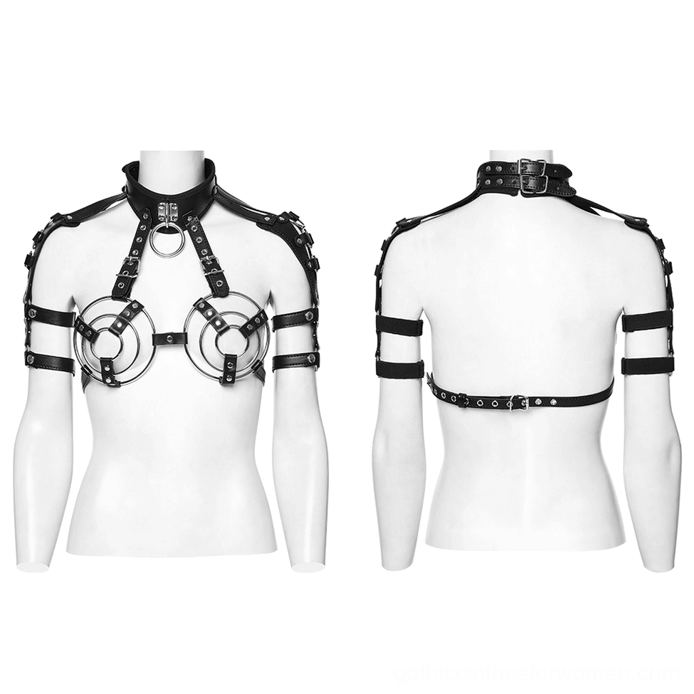 Front and back mannequin display of black synthetic leather harness with circular breast hardware and adjustable buckles