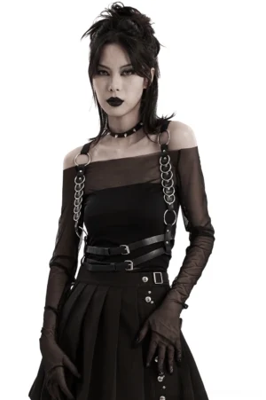 Black PU leather body harness with metal rings front view on gothic model - chest harness with adjustable shoulder straps and silver hardware