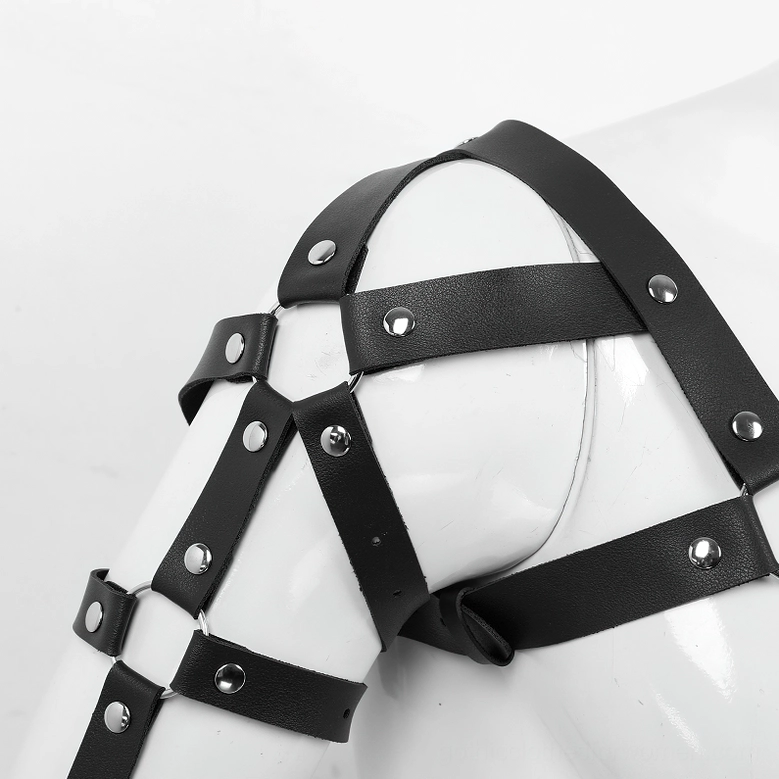 Black leather body harness close-up showing strap texture, buckle placement, and faux leather quality