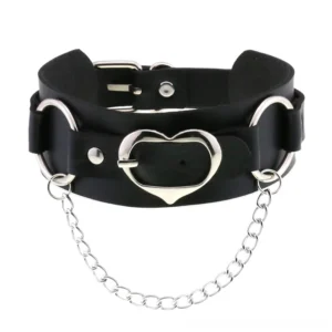 Black faux leather heart choker with silver buckle and metal chain, flat lay front view detail shot