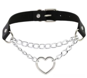 Black leather heart choker with dual silver chains and hollow heart pendant on white background - gothic punk necklace