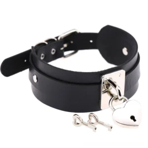 Black double-layer gothic leather heart lock choker necklace with silver metal hardware - front flat lay view