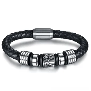 Black leather Masonic gothic bracelet top front view with embossed Masonic emblem and magnetic stainless steel clasp
