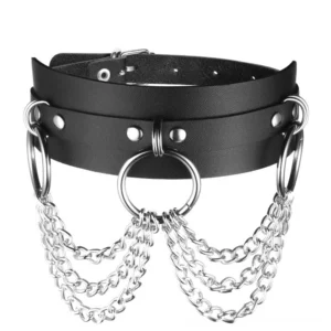 Black leather O-ring chain choker with double metal chains, front overhead view showcasing gothic neckwear design