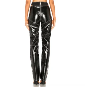 Women's black PU leather pants with metal zipper fly and contrast stitching detail close-up