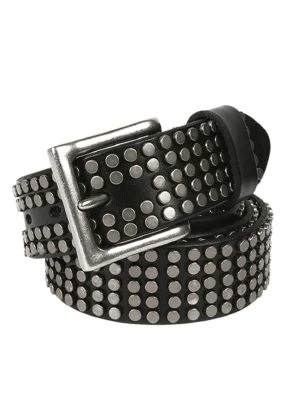 Black genuine leather belt with silver metal rivets and pin buckle, three-quarter front view showcasing gothic punk aesthetic