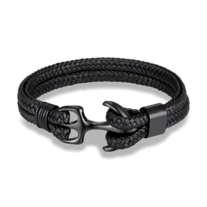 Black genuine leather rope bracelet with matte black stainless steel anchor clasp, nautical gothic jewelry for alternative fashion