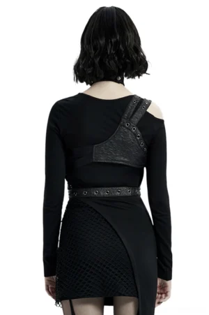 Backless gothic leather body harness rear view showing adjustable elastic back panel and metal hardware details