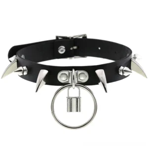 Black PU leather spiked choker with lock pendant and ring charm flat lay close-up