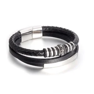 Black leather stainless steel gothic bracelet with magnetic clasp front flat lay view