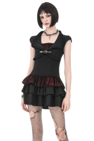 Black Gothic Lolita mini dress with ruffled layers and lace-up corset back worn by model showing front three-quarter view