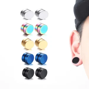 Black and multicolor magnetic stud earrings for women and men, stainless steel gothic studs on male ear model with white background