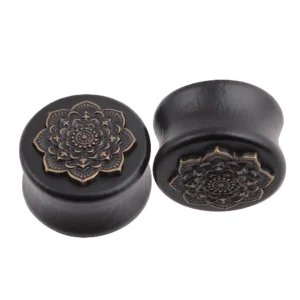 Black mandala wooden ear gauges with bronze embossed pattern, front and side view display of gothic flesh tunnels