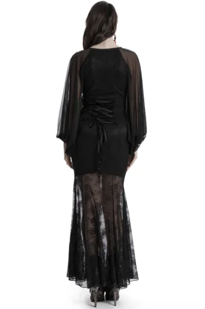 Gothic lace mermaid dress with batwing sleeves and lace-up back detail - back full-body view on model