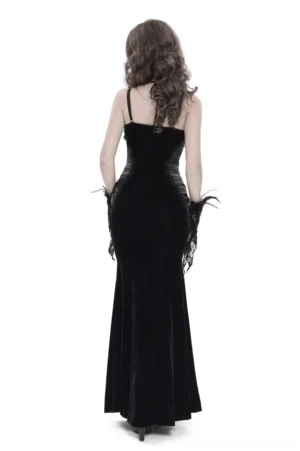 Gothic lace-up mermaid dress back view showing low back design, halter tie closure, and feather cuff details on model