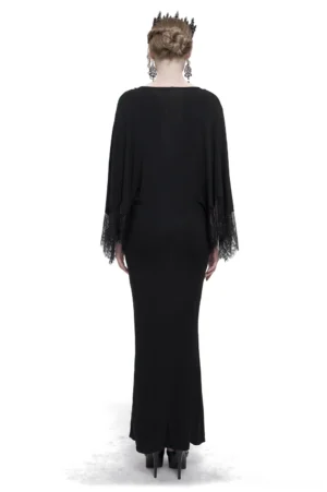 Gothic black mermaid evening dress with lace-trimmed cape sleeves, rear three-quarter view showing fishtail hem