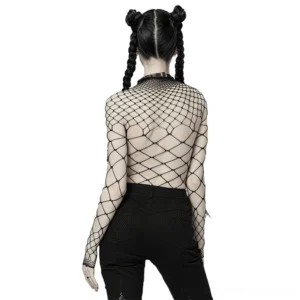 Black sheer fishnet bodysuit back view on model, open back design with diamond pattern mesh texture, styled with black pants