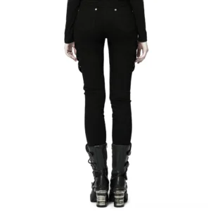 Black gothic mesh panel skinny pants rear view showing back pockets and slim silhouette