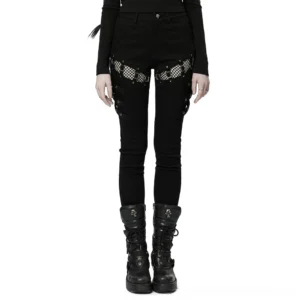Black mesh panel buckle gothic skinny pants front view with eyelet details and fishnet cutouts on thighs