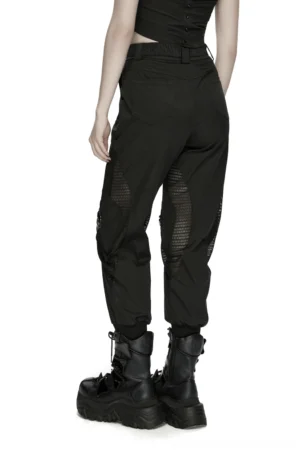 Women's techwear cargo joggers with mesh side panels and ribbed cuffs - rear full-body view