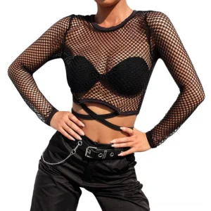 Black fishnet long-sleeve crop top with tie-back waist detail worn by model, front three-quarter view showing see-through mesh fabric and cropped silhouette