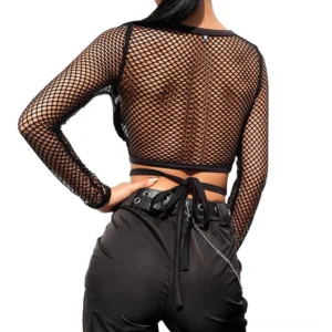Black fishnet long-sleeve crop top rear view on model showcasing adjustable tie-back closure and exposed mesh back design