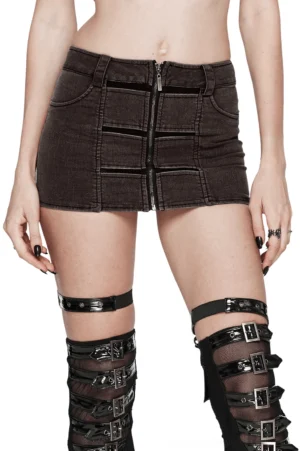 Black mesh cutout denim mini skirt front full view with front zipper and mesh panels