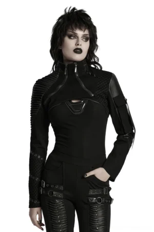 Black mesh cyberpunk cropped jacket with dual zippers - front full-body view on model showing high neck and pleated shoulders