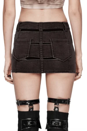 Black denim mini skirt rear view showing back mesh panels and flap pockets