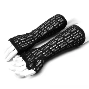 Long black hollow-out mesh fingerless gloves flat lay overhead shot showing full forearm coverage and frayed texture