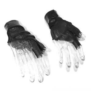Pair of black mesh fingerless gloves with patent leather trim and inner wrist snap fasteners on flat lay display