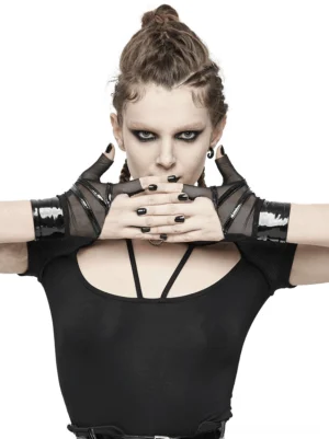 Black mesh fingerless gloves worn by female model with gothic makeup and black cutout bodysuit on white studio background