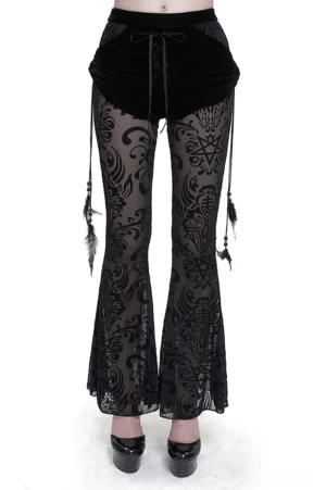 Front view of black mesh flare gothic pants with feather pendants, showing velvet waistband and semi-transparent pentagram mesh legs