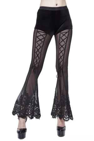 Black mesh flare pants with lace-up front and floral lace hem, front three-quarter view on model