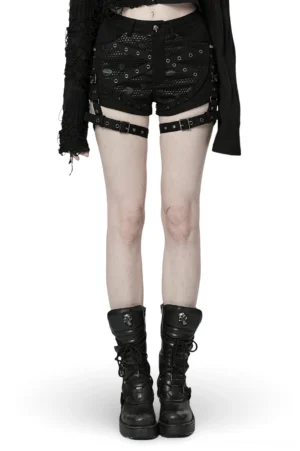Black mesh garter shorts with buckle straps - front full-body view on female model wearing gothic punk style